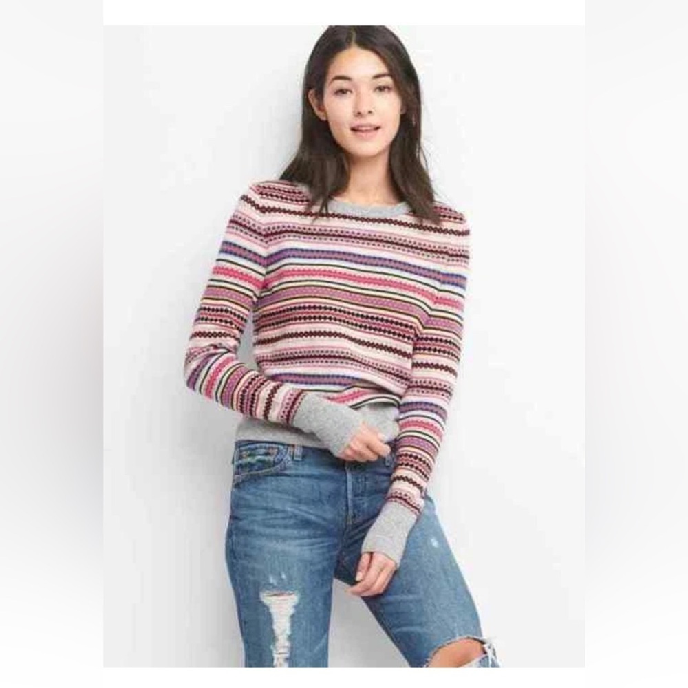 GAP SMALL Crazy Fair Isle Nordic Stripe 50% Merino Wool Blend Sweater Holiday